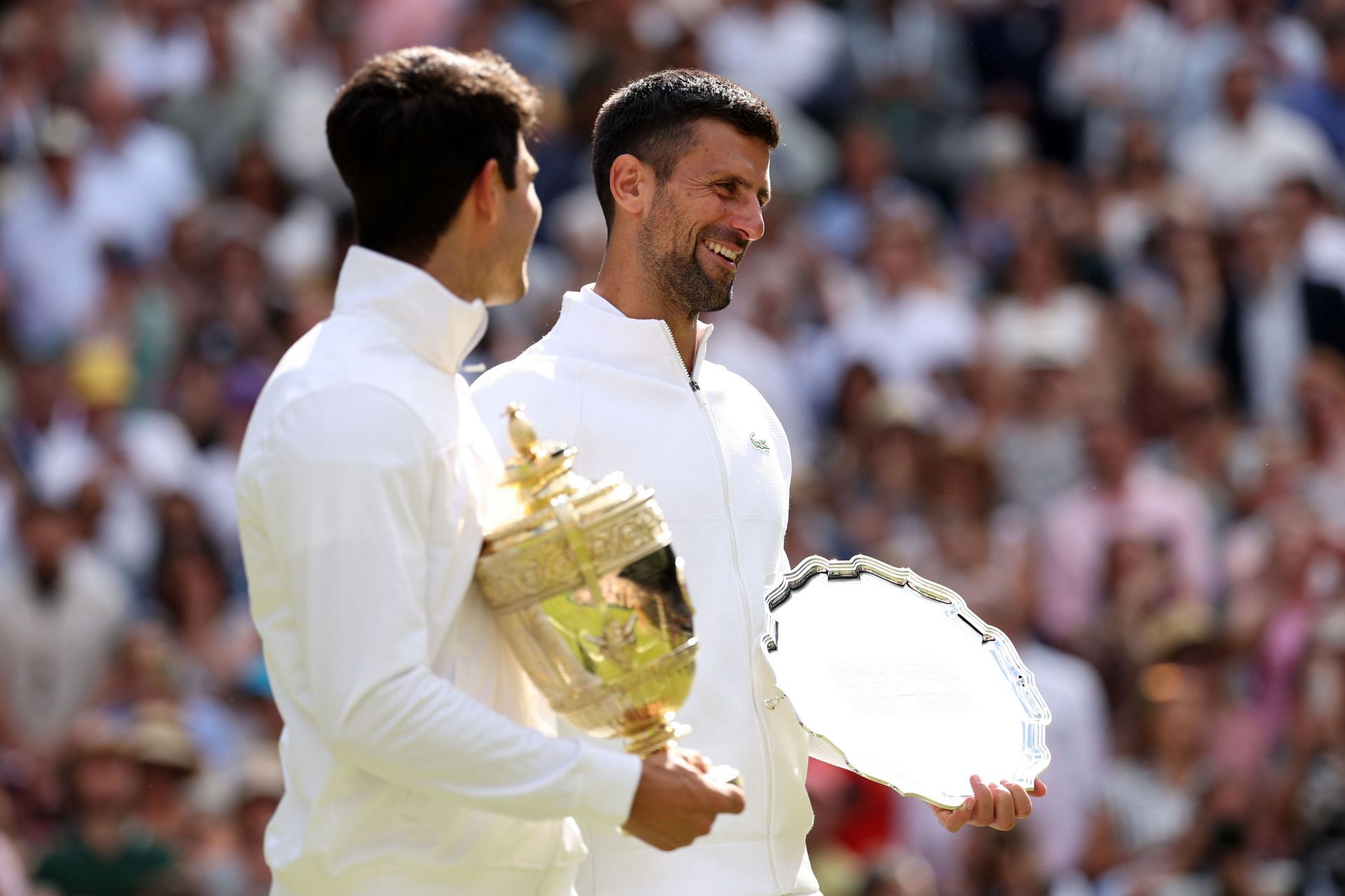 Carlos Alcaraz and Novak Djokovic pictured at the 2024 Wimbledon Championships (Image Source: Getty)